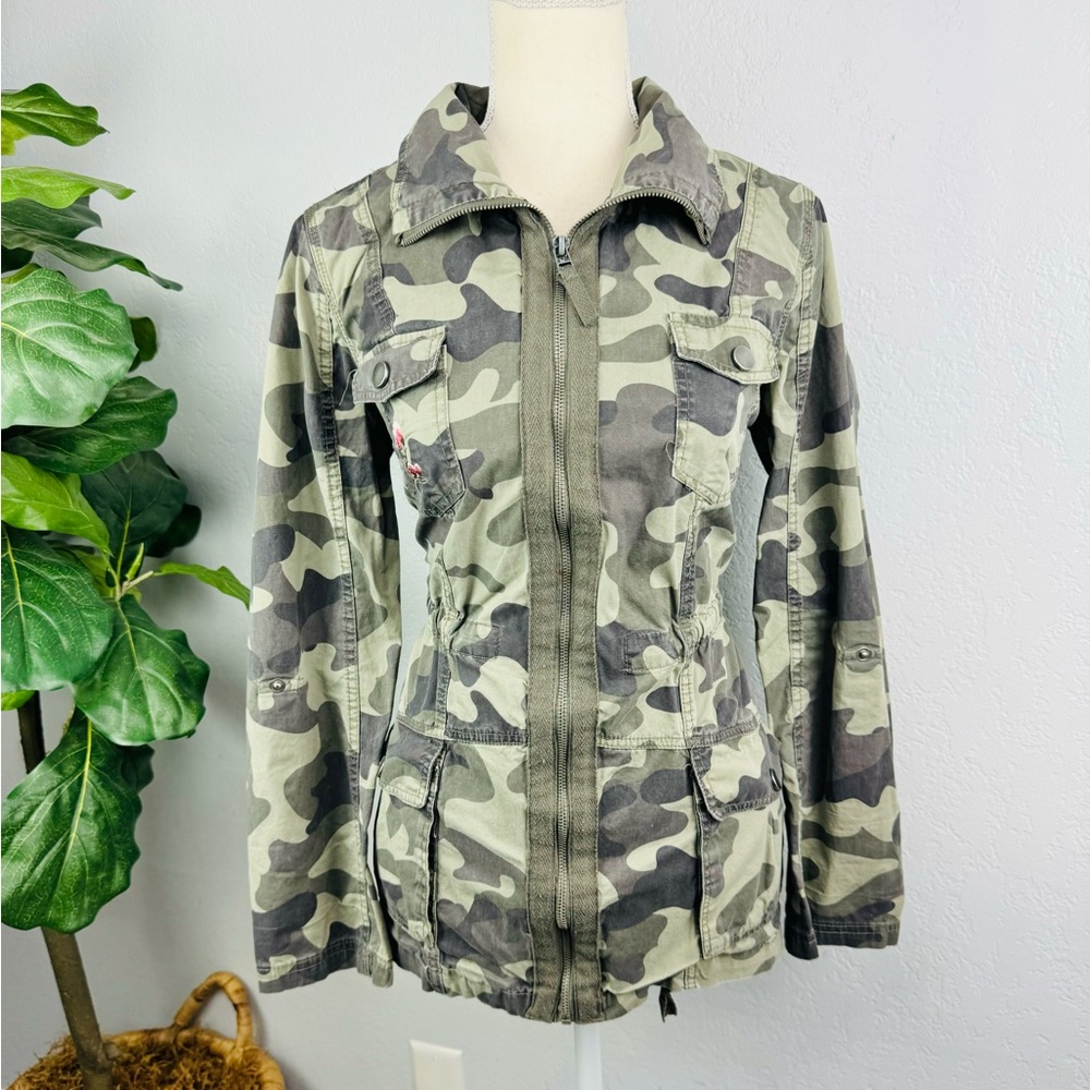 Jade & Ivory Camo Jacket with Embroidery Flowers & cinch waist
